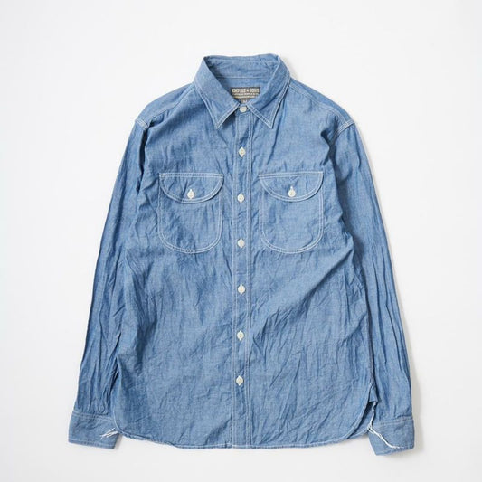 EMPIRE & SONS L/S UTILITY WORK SHIRT 5oz ORGANIC COTTON SELVEGE CHAMBRAY - BLUE