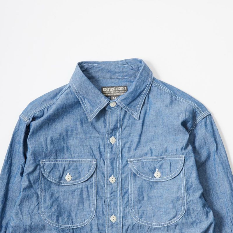 EMPIRE & SONS L/S UTILITY WORK SHIRT 5oz ORGANIC COTTON SELVEGE CHAMBRAY - BLUE