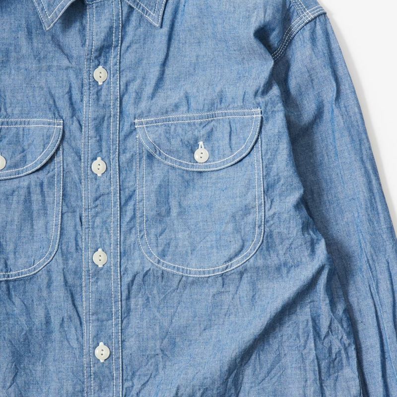 EMPIRE & SONS L/S UTILITY WORK SHIRT 5oz ORGANIC COTTON SELVEGE CHAMBRAY - BLUE