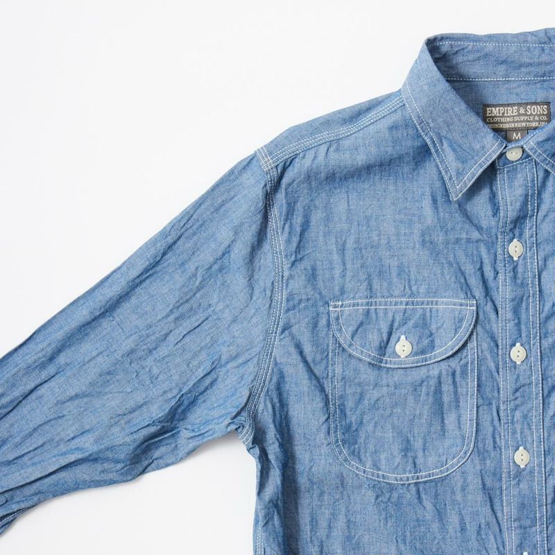 EMPIRE & SONS L/S UTILITY WORK SHIRT 5oz ORGANIC COTTON SELVEGE CHAMBRAY - BLUE