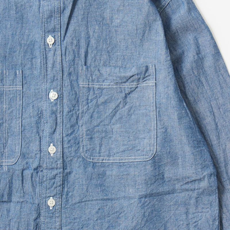 EMPIRE & SONS L/S CLASSIC BAND COLLAR SHIRT 5oz VINTAGE CHAMBRAY - BLUE NATURAL STITCH