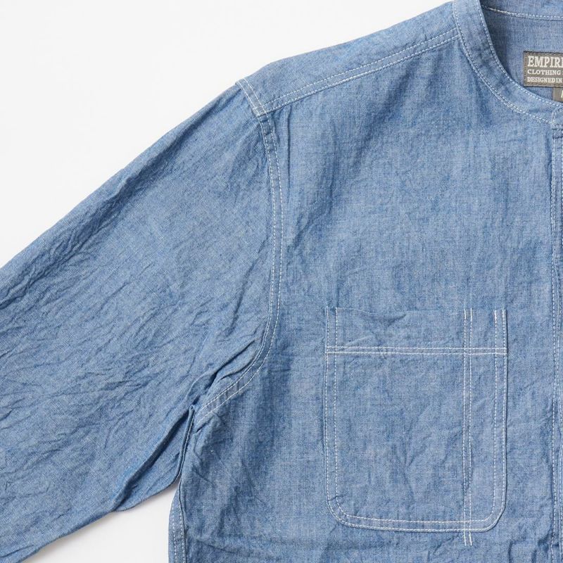 EMPIRE & SONS L/S CLASSIC BAND COLLAR SHIRT 5oz VINTAGE CHAMBRAY - BLUE NATURAL STITCH