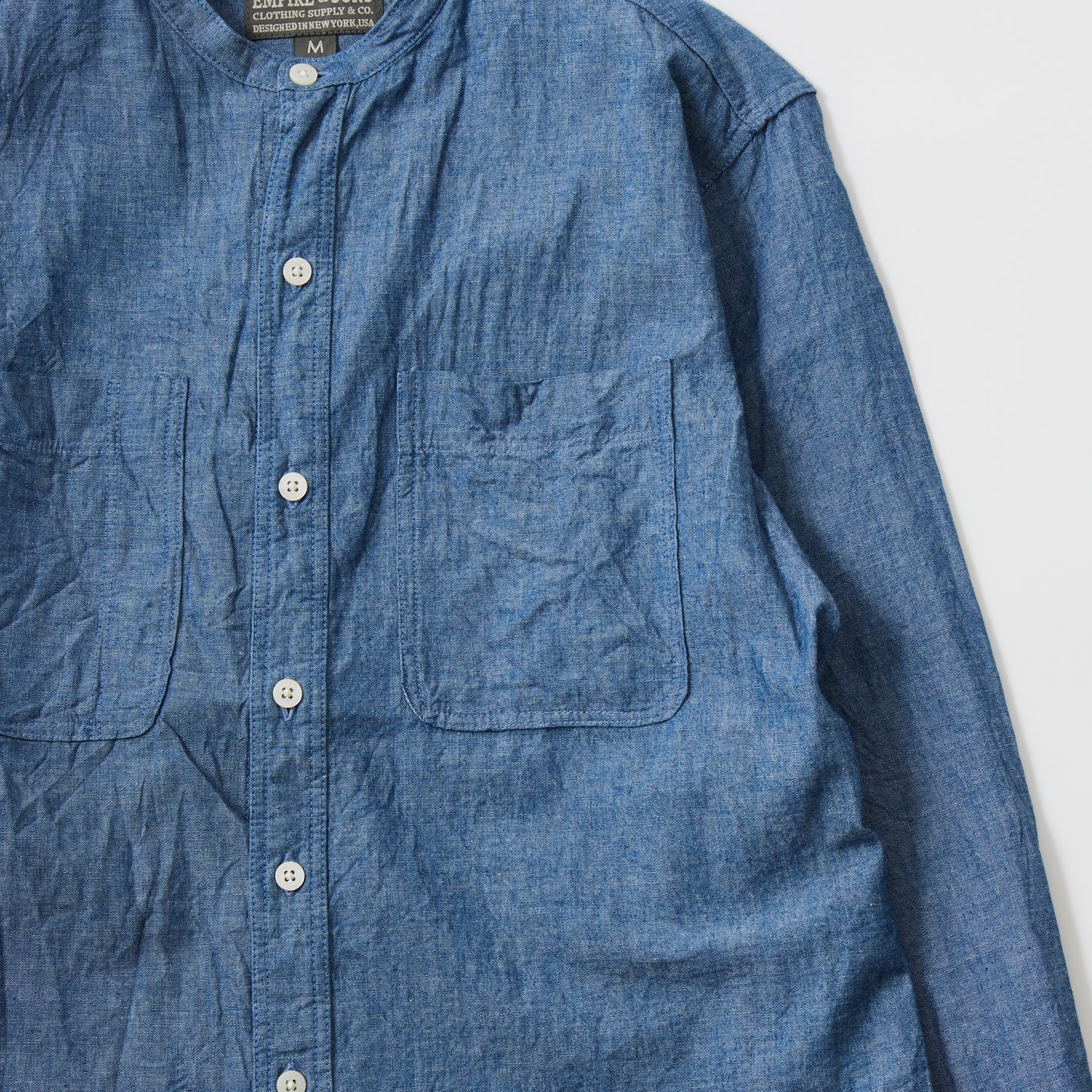 EMPIRE & SONS L/S CLASSIC BAND COLLAR SHIRT 5oz VINTAGE CHAMBRAY - BLUE