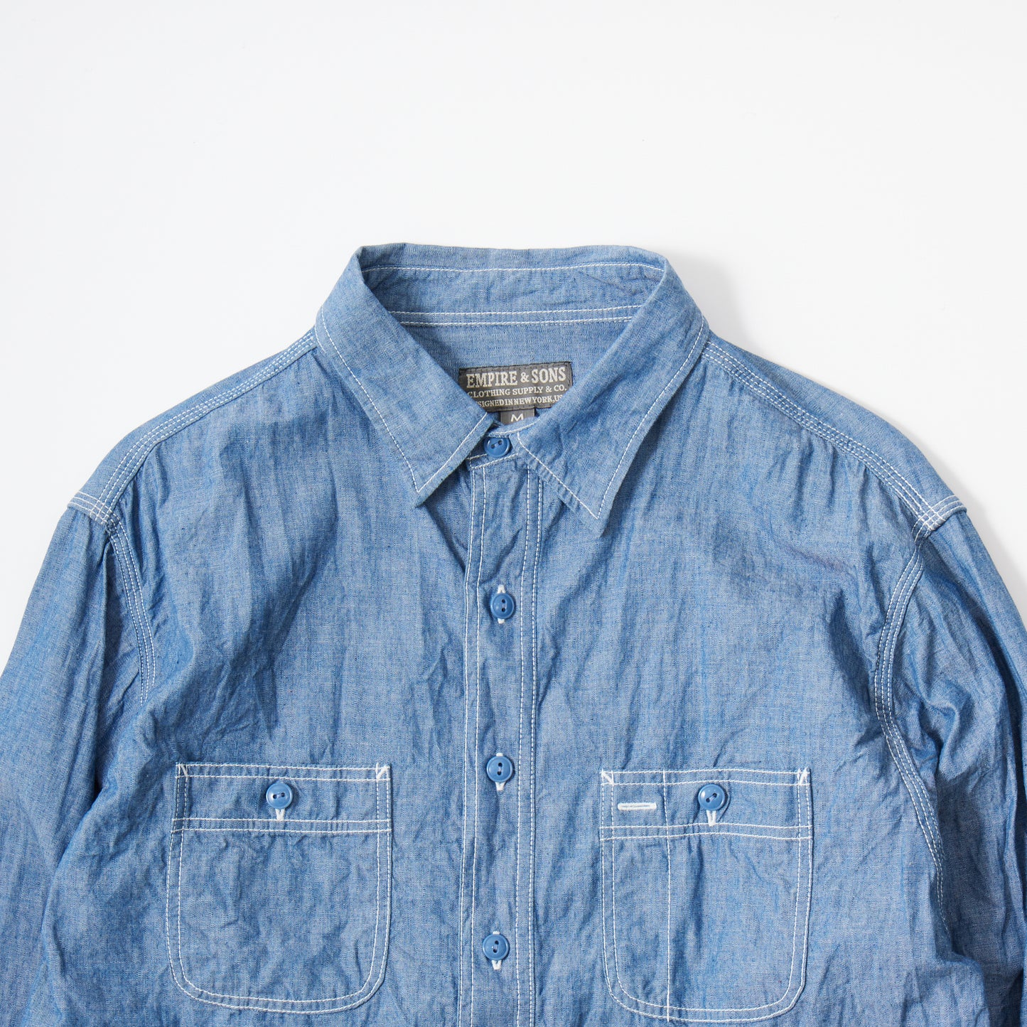 EMPIRE & SONS L/S USN STYLE WORK SHIRT 5oz ORGANIC COTTON SELVEGE CHAMBRAY - BLUE