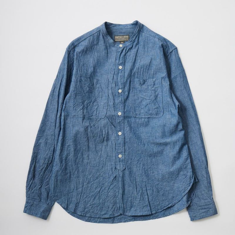 【NEW】EMPIRE & SONS L/S CLASSIC BAND COLLAR SHIRT 5oz VINTAGE CHAMBRAY - BLUE