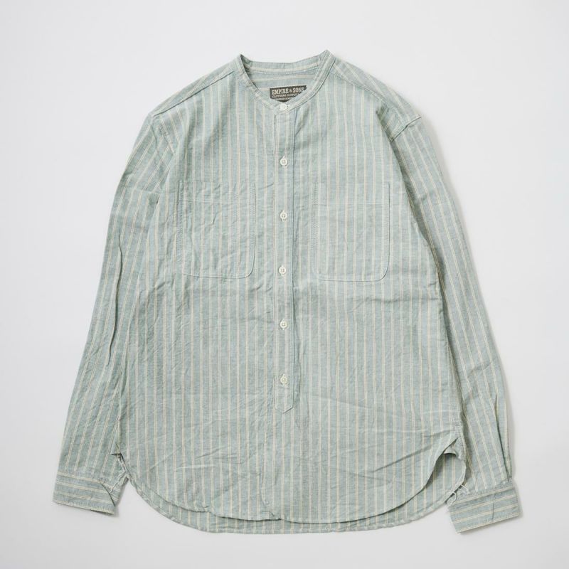 【NEW】EMPIRE & SONS L/S CLASSIC BAND COLLAR SHIRT VINTAGE OXFORD - GREEN/BEIGE