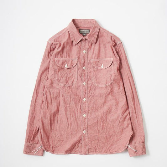 【NEW】EMPIRE & SONS L/S UTILITY WORK SHIRT 5oz ORGANIC COTTON SELVEGE CHAMBRAY - RED