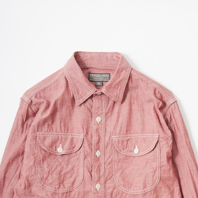 【NEW】EMPIRE & SONS L/S UTILITY WORK SHIRT 5oz ORGANIC COTTON SELVEGE CHAMBRAY - RED