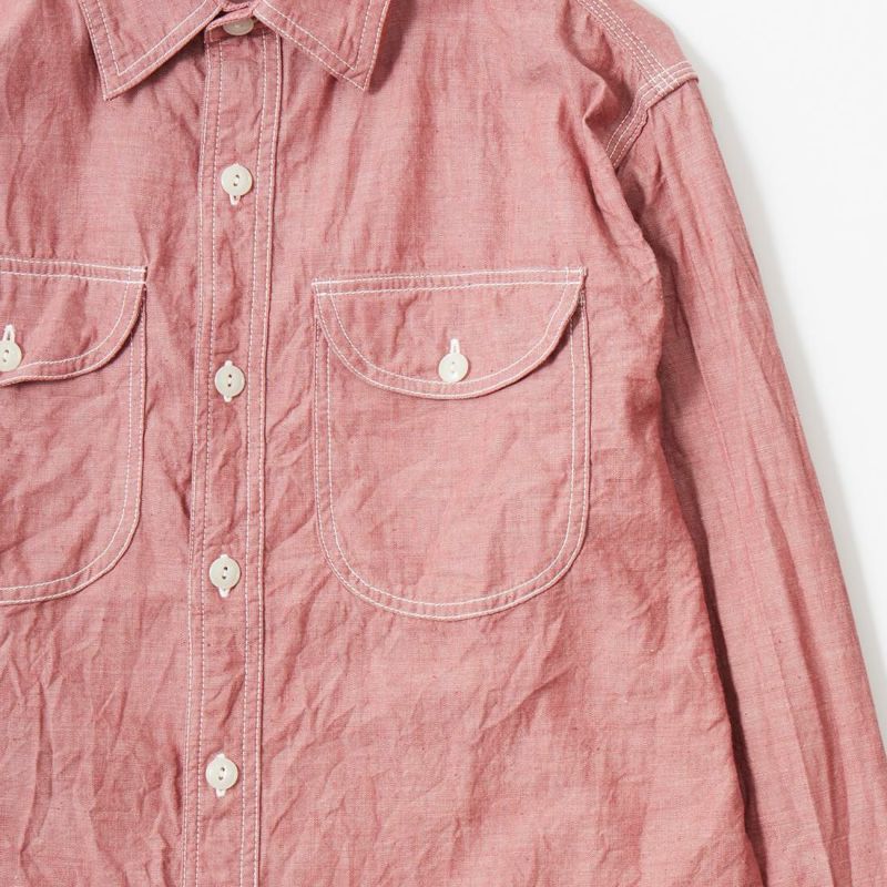 【NEW】EMPIRE & SONS L/S UTILITY WORK SHIRT 5oz ORGANIC COTTON SELVEGE CHAMBRAY - RED