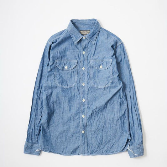 【NEW】EMPIRE & SONS L/S UTILITY WORK SHIRT 5oz ORGANIC COTTON SELVEGE CHAMBRAY - BLUE