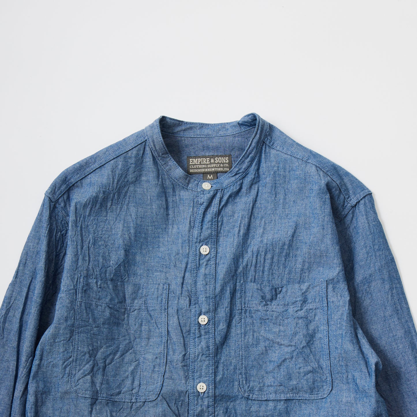 【NEW】EMPIRE & SONS L/S CLASSIC BAND COLLAR SHIRT 5oz VINTAGE CHAMBRAY - BLUE