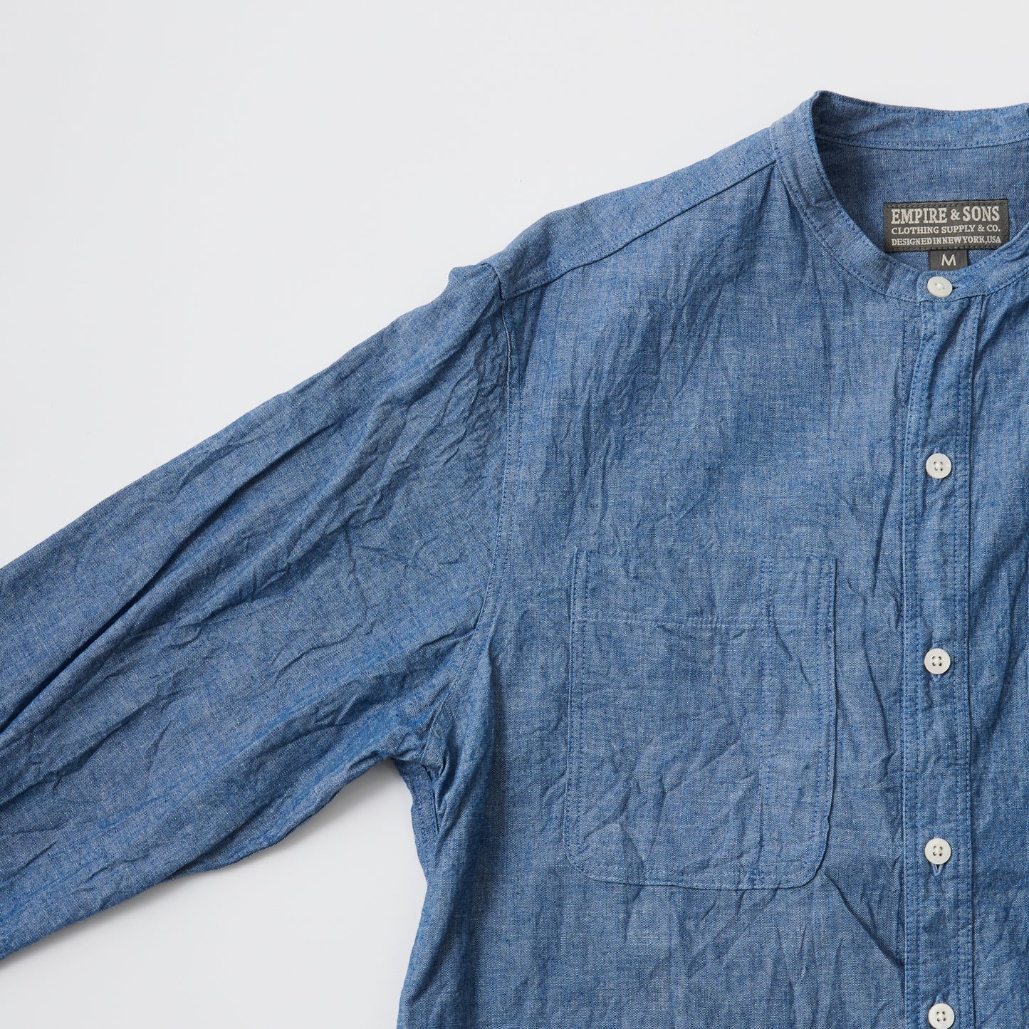 【NEW】EMPIRE & SONS L/S CLASSIC BAND COLLAR SHIRT 5oz VINTAGE CHAMBRAY - BLUE