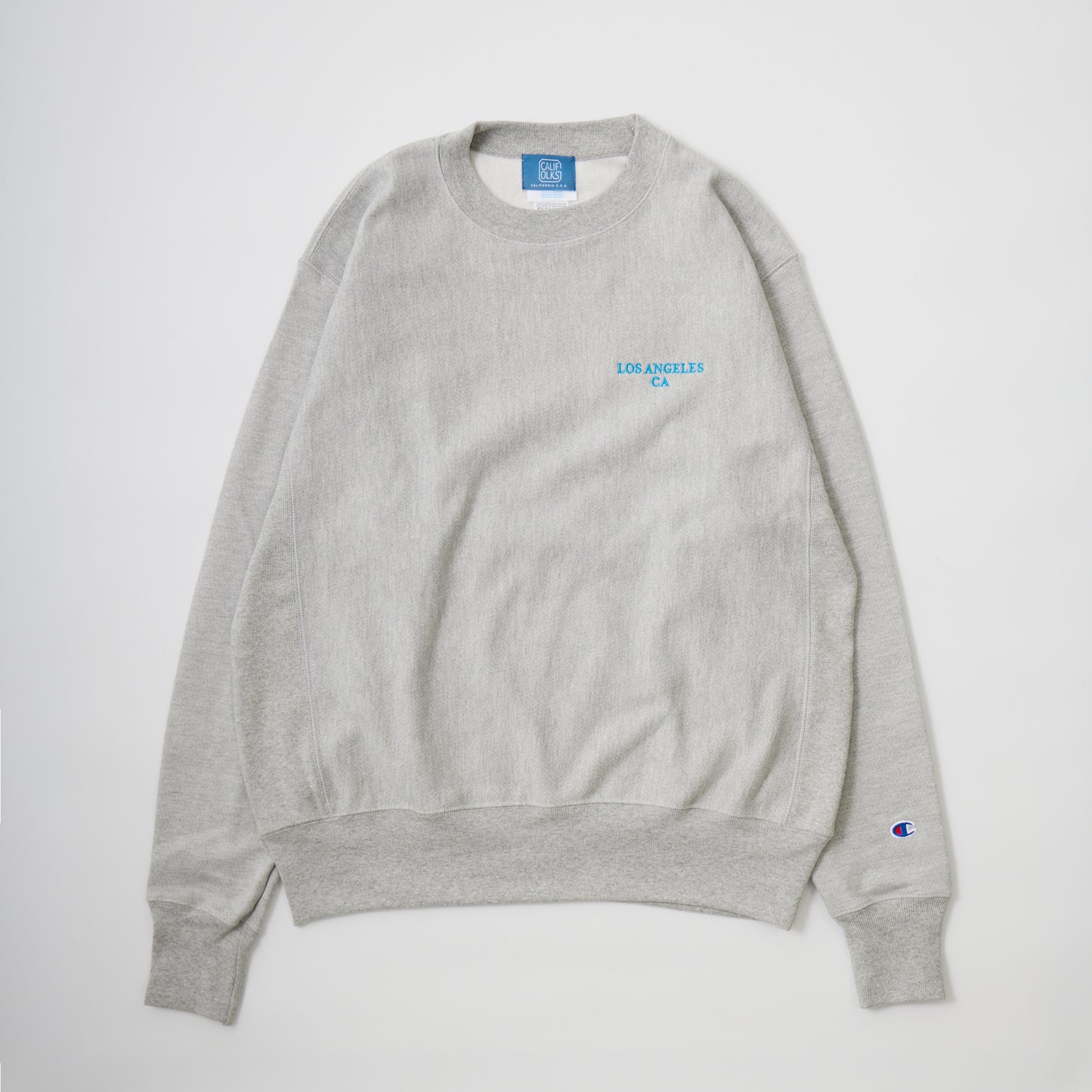 CALIFOLKS US CHAMPION REVERSE WEAVE CREW NECK SWEAT - OXFORD GREY LOS ANGELES EMB