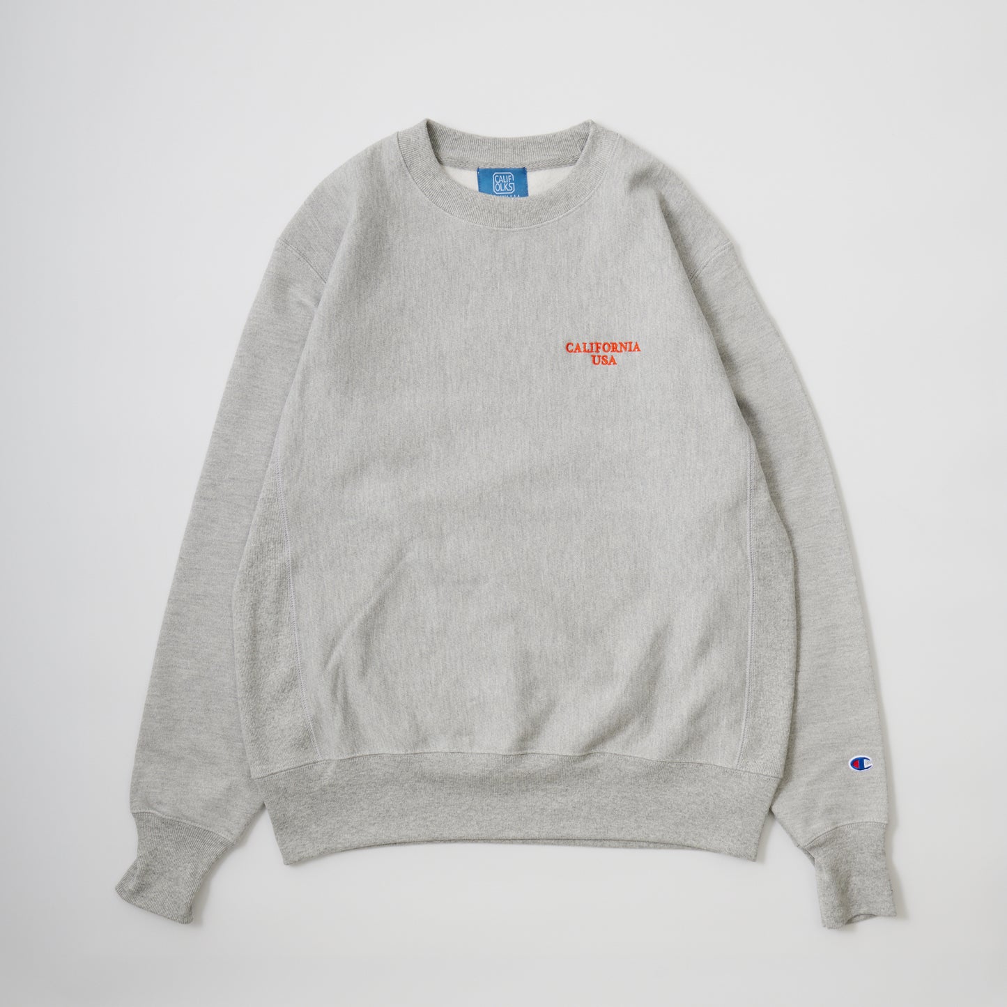 CALIFOLKS US CHAMPION REVERSE WEAVE CREW NECK SWEAT - OXFORD GREY CALIFORNIA EMB