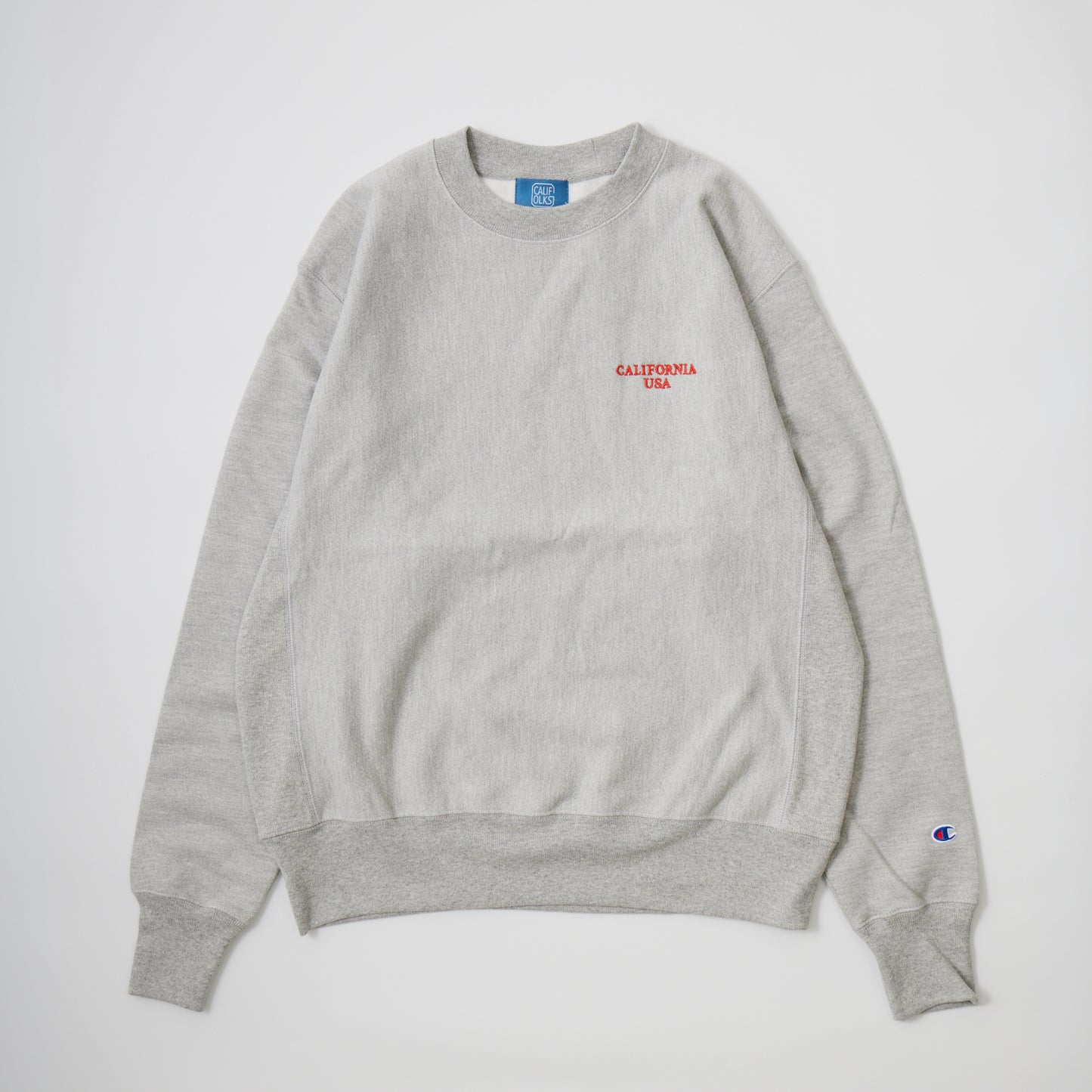 CALIFOLKS US CHAMPION REVERSE WEAVE CREW NECK SWEAT - OXFORD GREY CALIFORNIA EMB