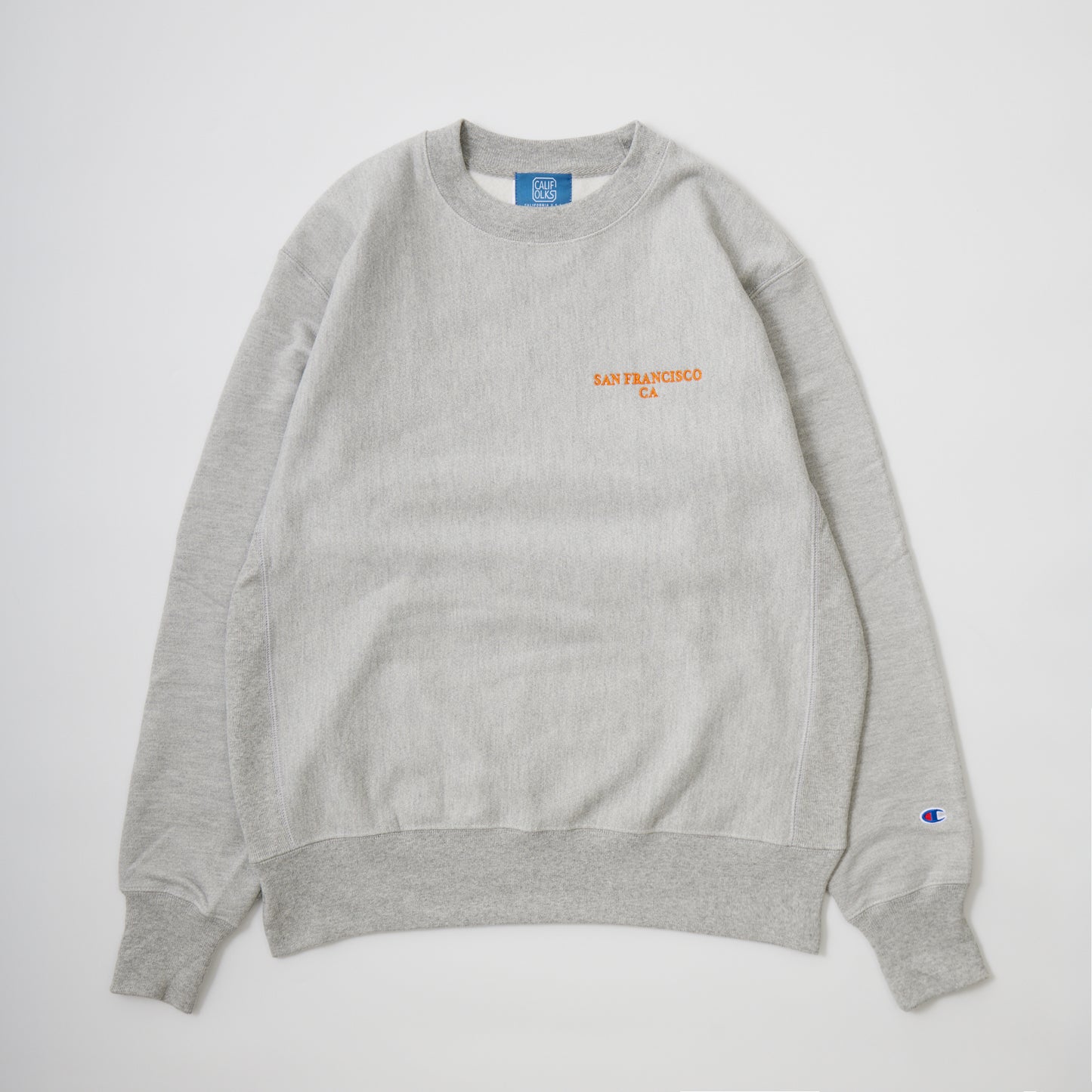 CALIFOLKS US CHAMPION REVERSE WEAVE CREW NECK SWEAT - OXFORD GREY SAN FRANCISCO EMB