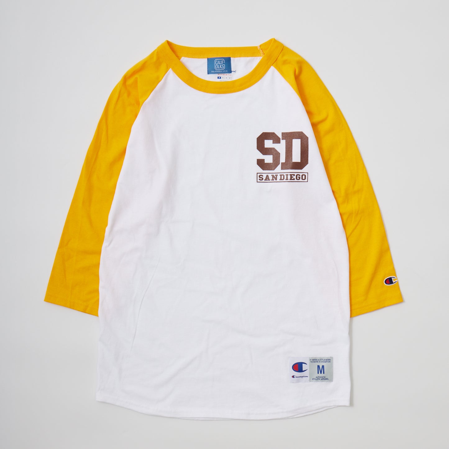 CALIFOLKS CITY PRINT CHAMPION RAGLAN BASEBALL T-SHIRT - WHITE - YELLOW SD