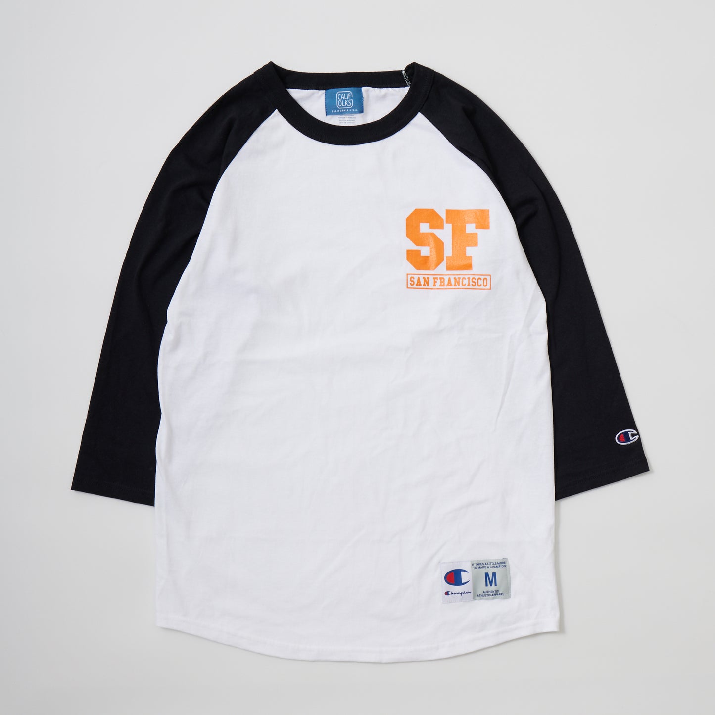 CALIFOLKS CITY PRINT CHAMPION RAGLAN BASEBALL T-SHIRT - WHITE - BLACK SF