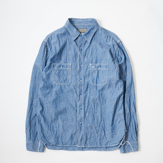 【NEW】EMPIRE & SONS L/S USN STYLE WORK SHIRT 5oz ORGANIC COTTON SELVEGE CHAMBRAY - BLUE