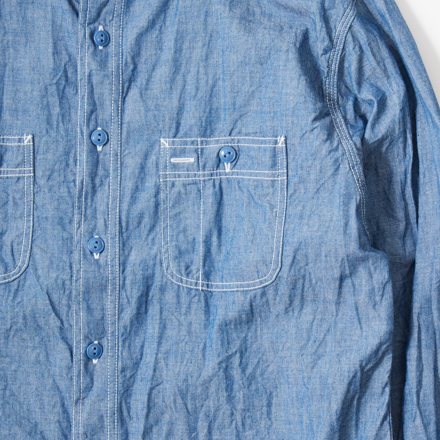 【NEW】EMPIRE & SONS L/S USN STYLE WORK SHIRT 5oz ORGANIC COTTON SELVEGE CHAMBRAY - BLUE