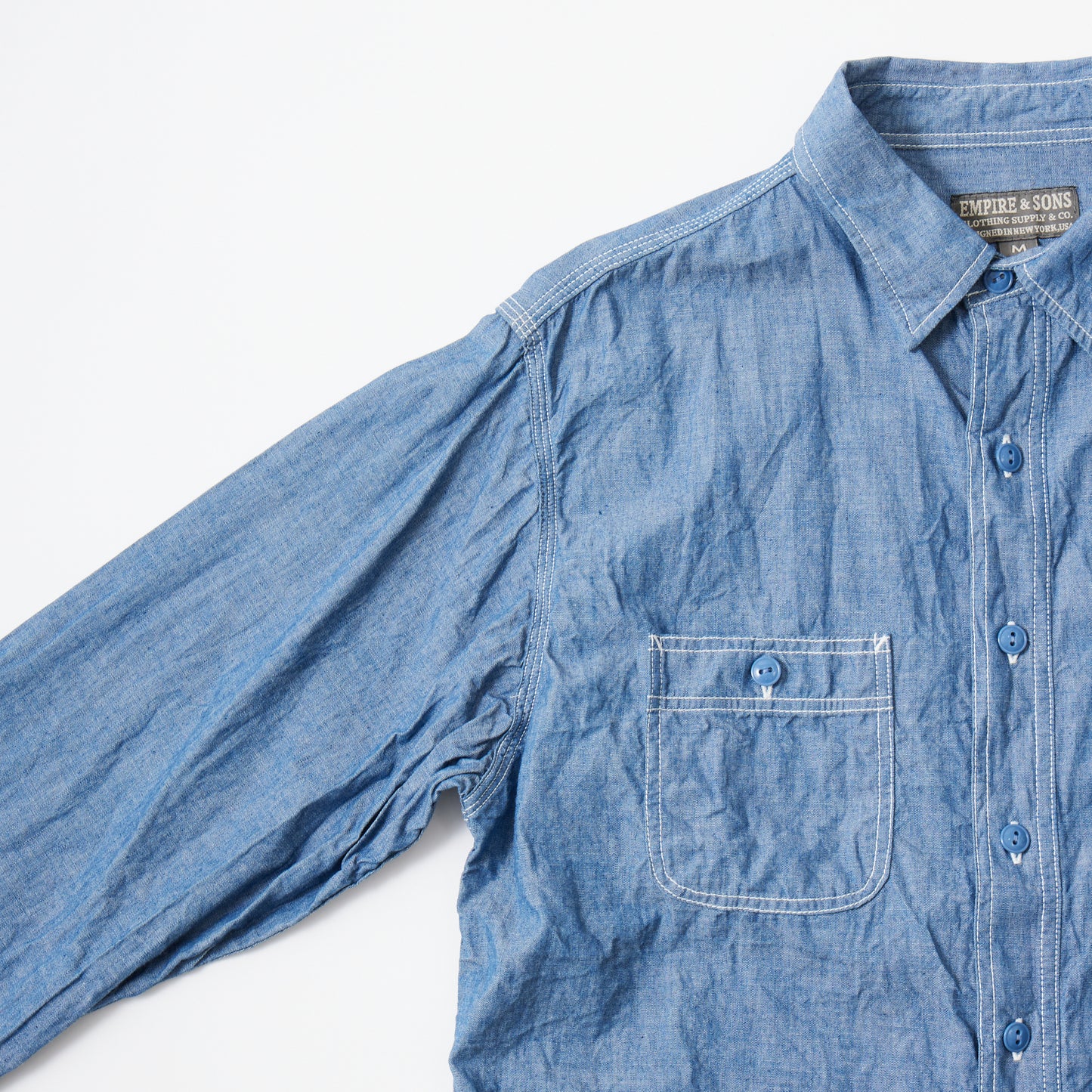 【NEW】EMPIRE & SONS L/S USN STYLE WORK SHIRT 5oz ORGANIC COTTON SELVEGE CHAMBRAY - BLUE