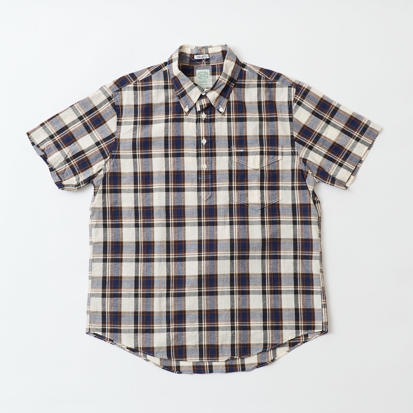 KEATON CHASE USA S/S PULLOVER BD SHIRT COTTON LINEN MADRAS CHECK - NAVY