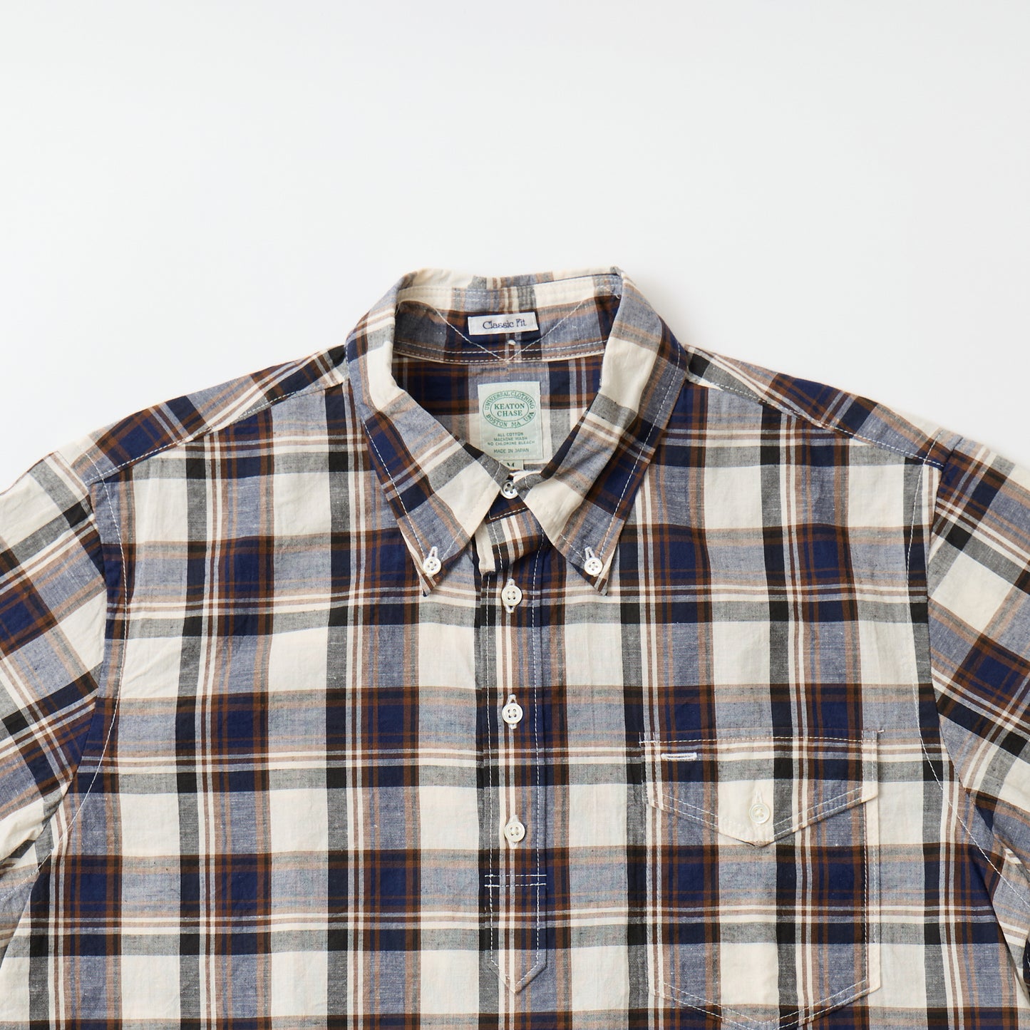 KEATON CHASE USA S/S PULLOVER BD SHIRT COTTON LINEN MADRAS CHECK - NAVY