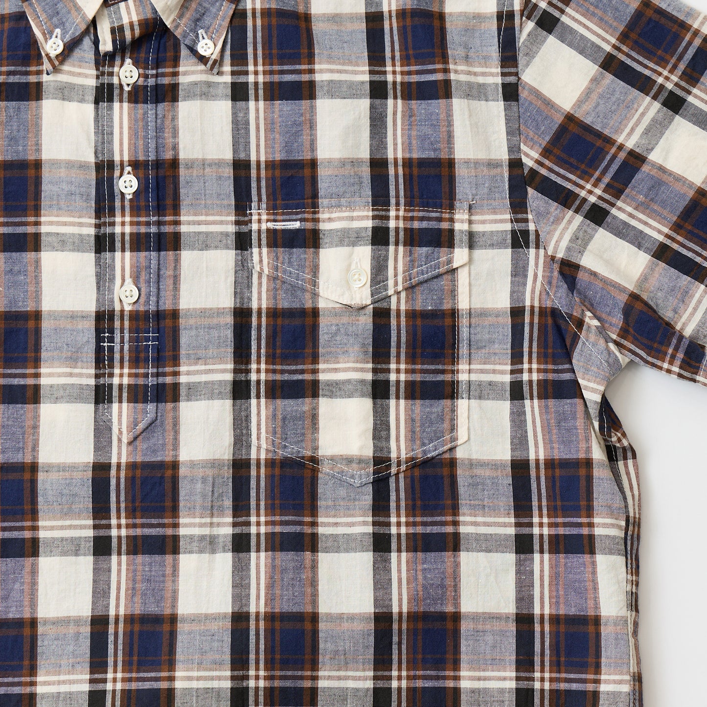 KEATON CHASE USA S/S PULLOVER BD SHIRT COTTON LINEN MADRAS CHECK - NAVY