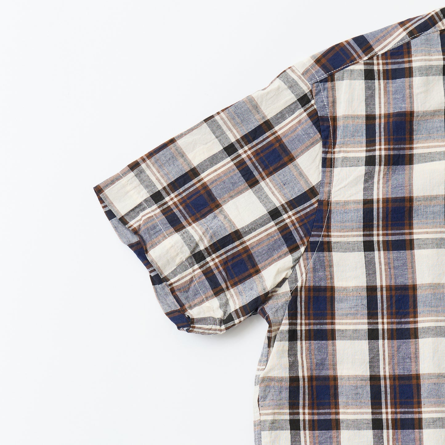 KEATON CHASE USA S/S PULLOVER BD SHIRT COTTON LINEN MADRAS CHECK - NAVY