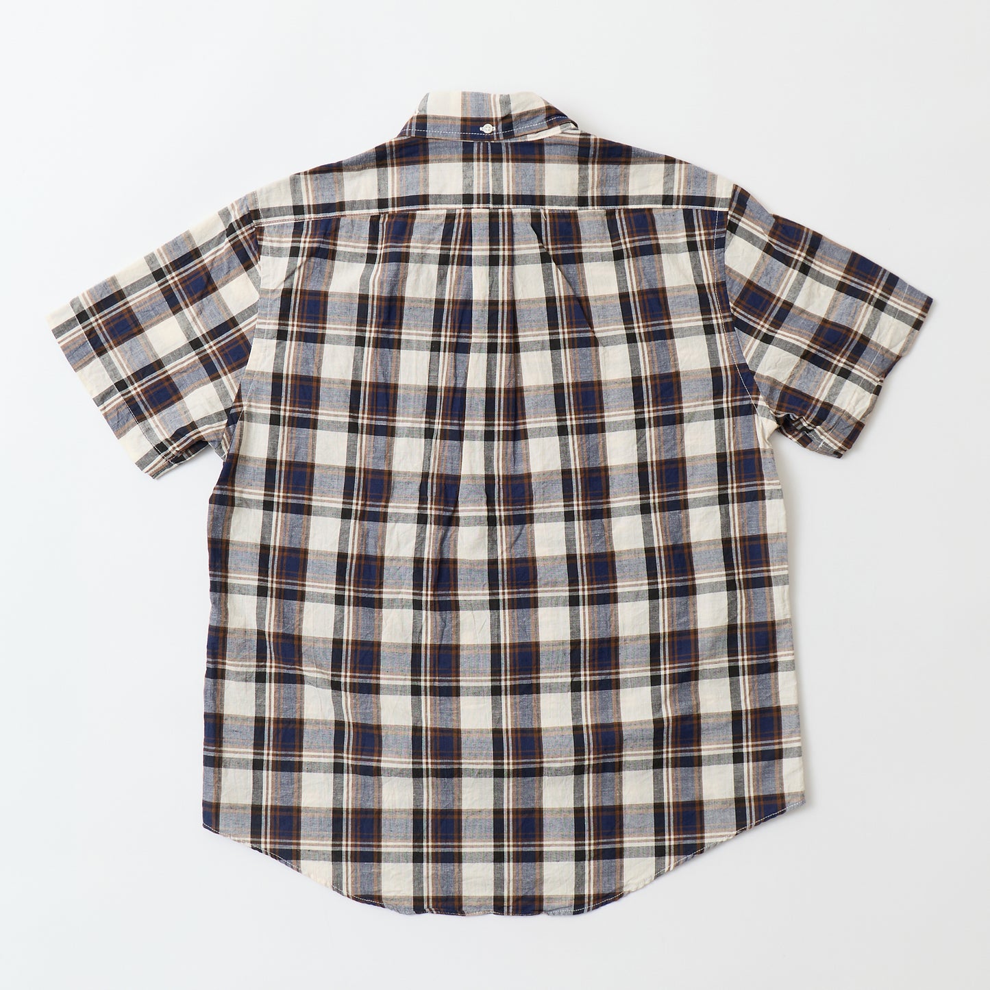 KEATON CHASE USA S/S PULLOVER BD SHIRT COTTON LINEN MADRAS CHECK - NAVY
