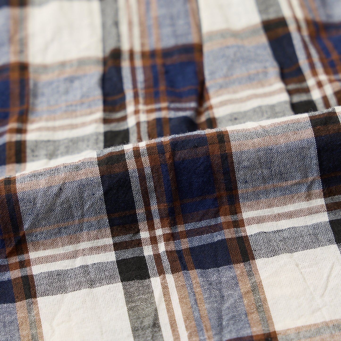 KEATON CHASE USA S/S PULLOVER BD SHIRT COTTON LINEN MADRAS CHECK - NAVY