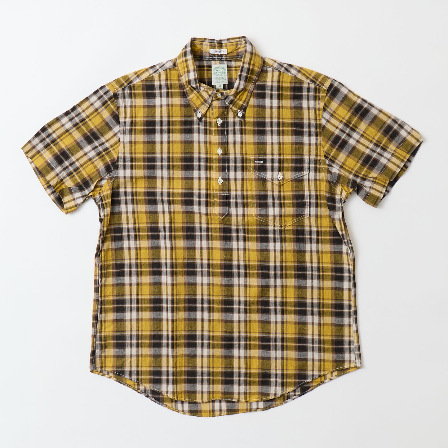 KEATON CHASE USA S/S PULLOVER BD SHIRT COTTON LINEN MADRAS CHECK - YELLOW