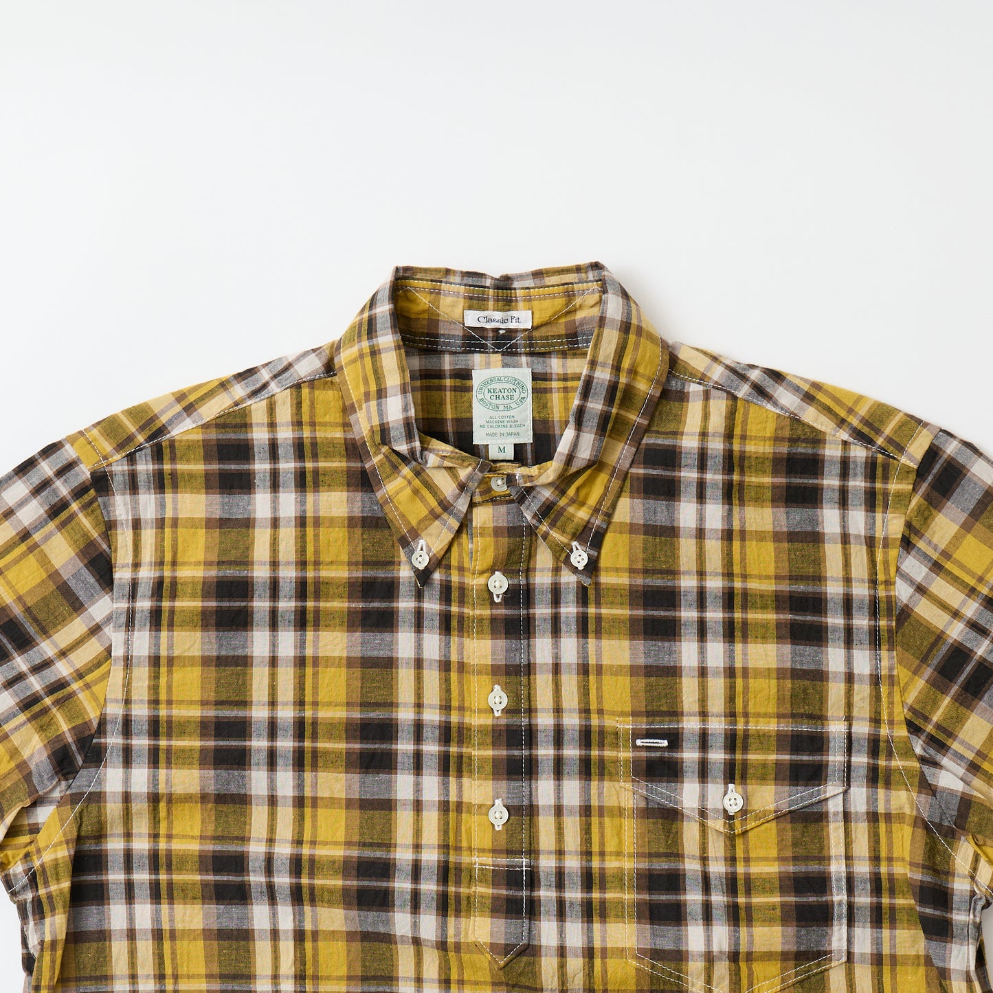 KEATON CHASE USA S/S PULLOVER BD SHIRT COTTON LINEN MADRAS CHECK - YELLOW