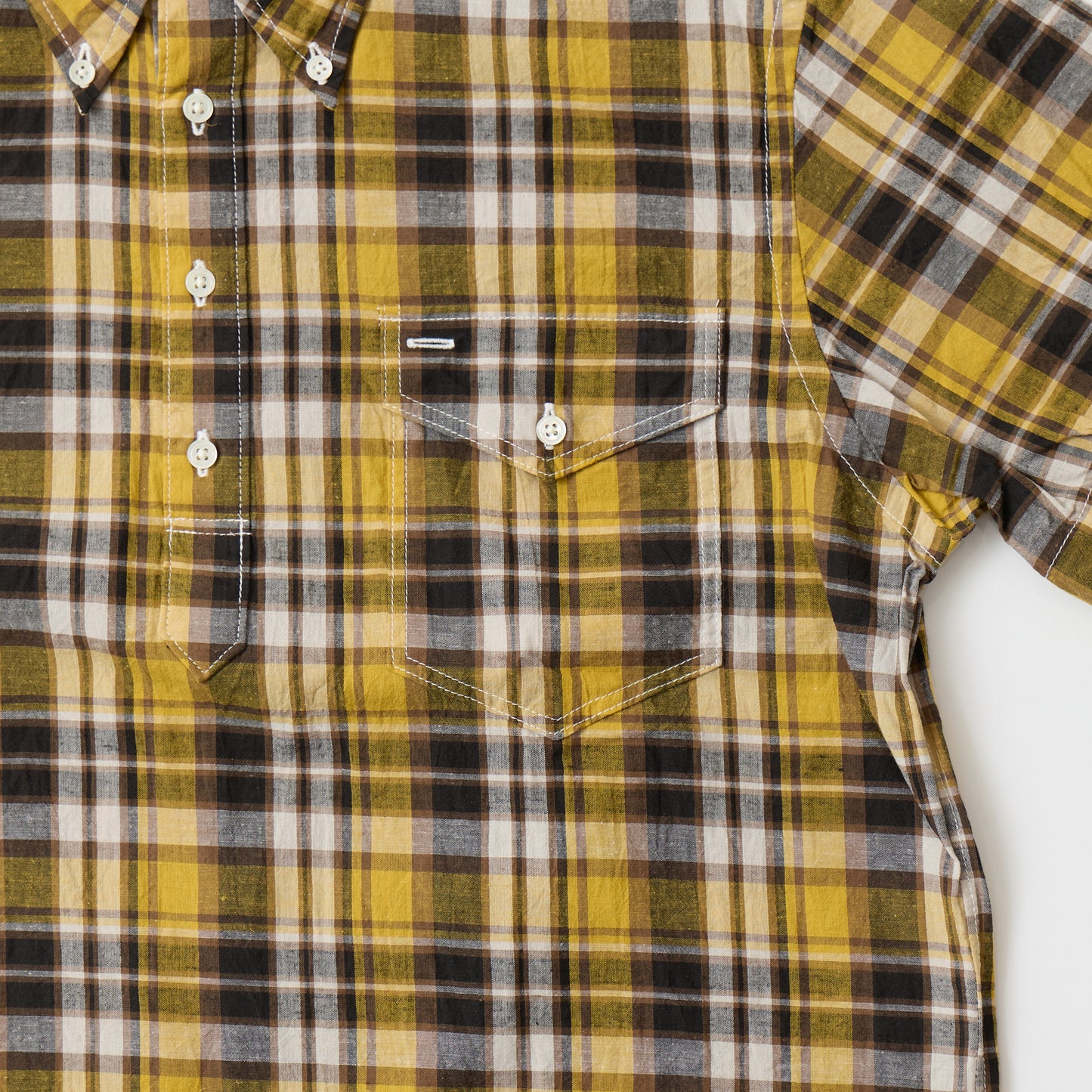 KEATON CHASE USA S/S PULLOVER BD SHIRT COTTON LINEN MADRAS CHECK - YELLOW