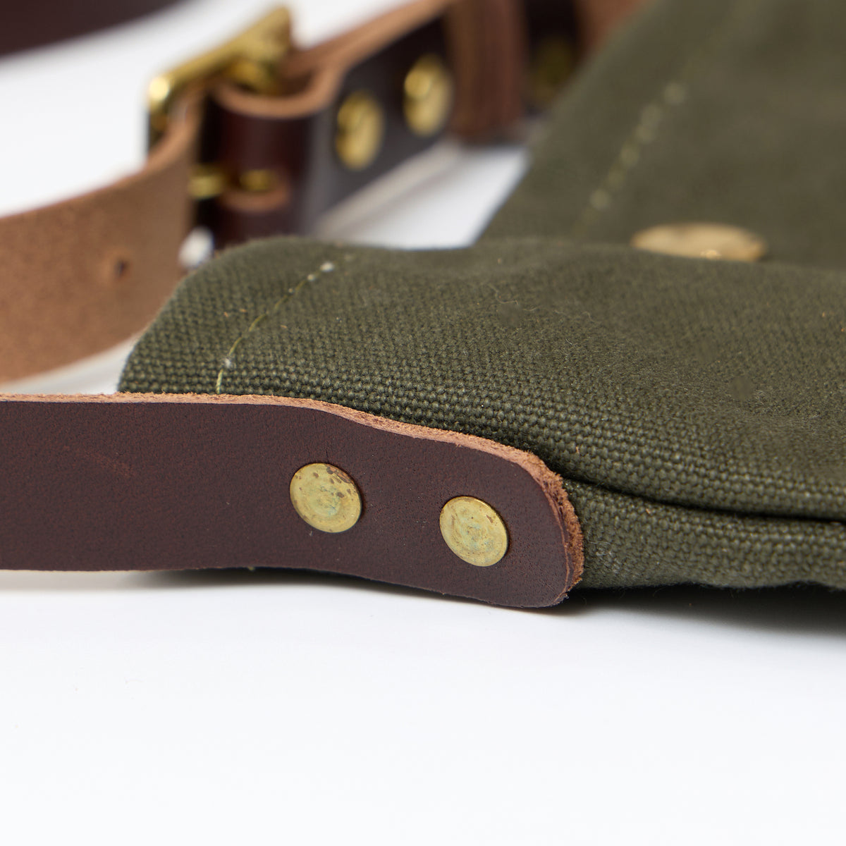 HERITAGE LEATHER MILITARY CANVAS CUSTOM MADE SACOCHE BAG W/ LEATHER STRAP - OLIVE BROWN LEATHER