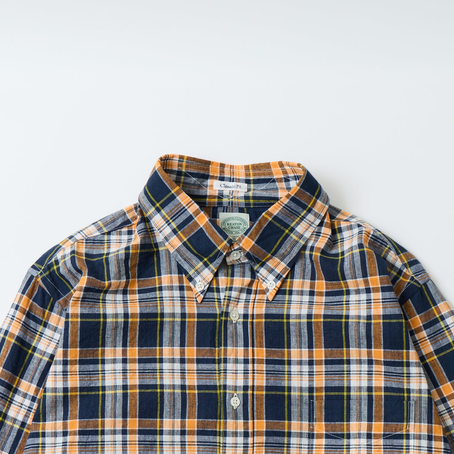 KEATON CHASE USA L/S CLASSIC FIT FULLOPEN BD SHIRT COTTON MADRAS CHECK - 11. NAVY_ORANGE_WHITE