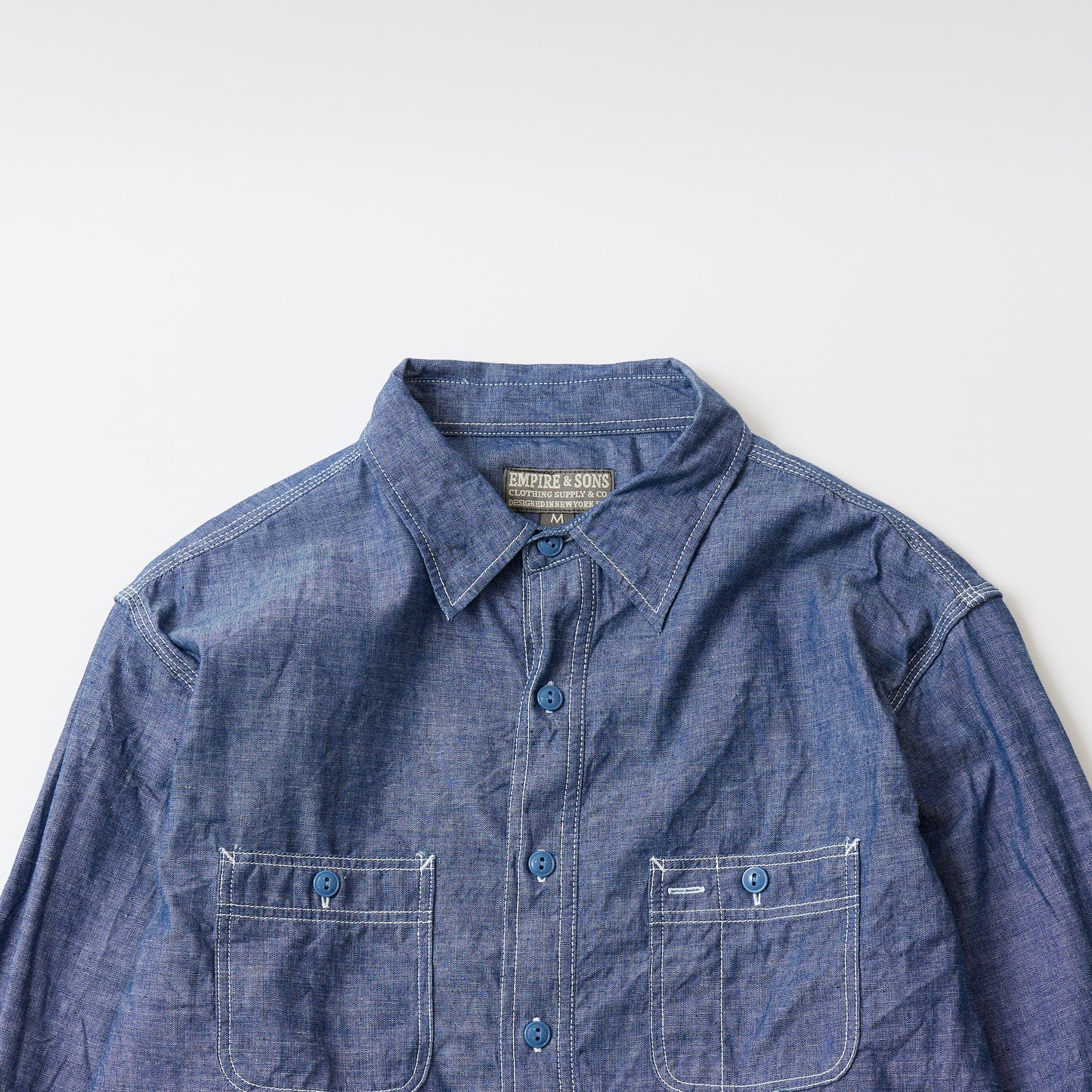 EMPIRE & SONS L/S USN STYLE WORK SHIRT 5oz SELVAGE CHAMBRAY - BLUE
