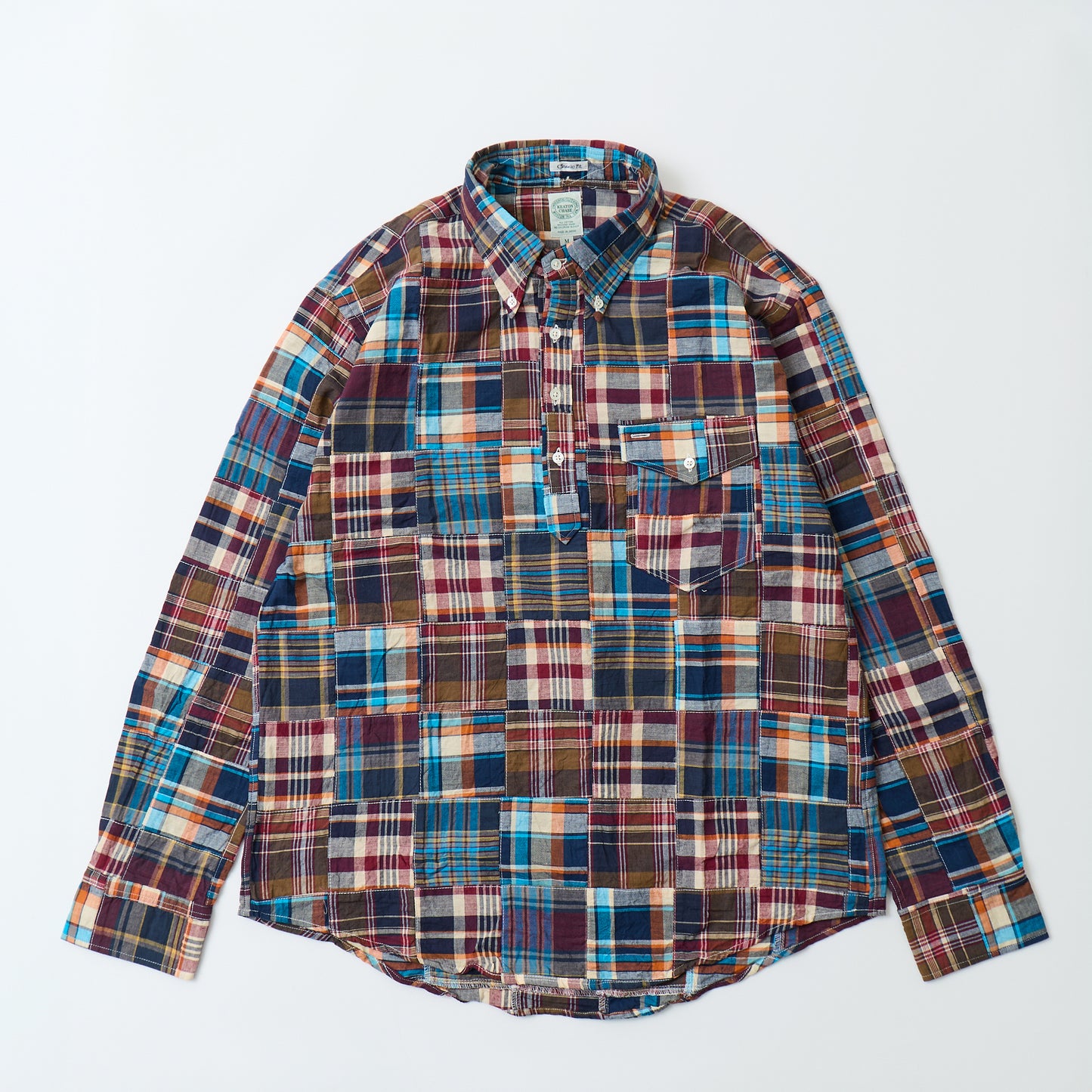 KEATON CHASE USA L/S CLASSIC FIT PULLOVER BD SHIRT COTTON PATCHWORK MADRAS CHECK - 1. BROWN_NAVY
