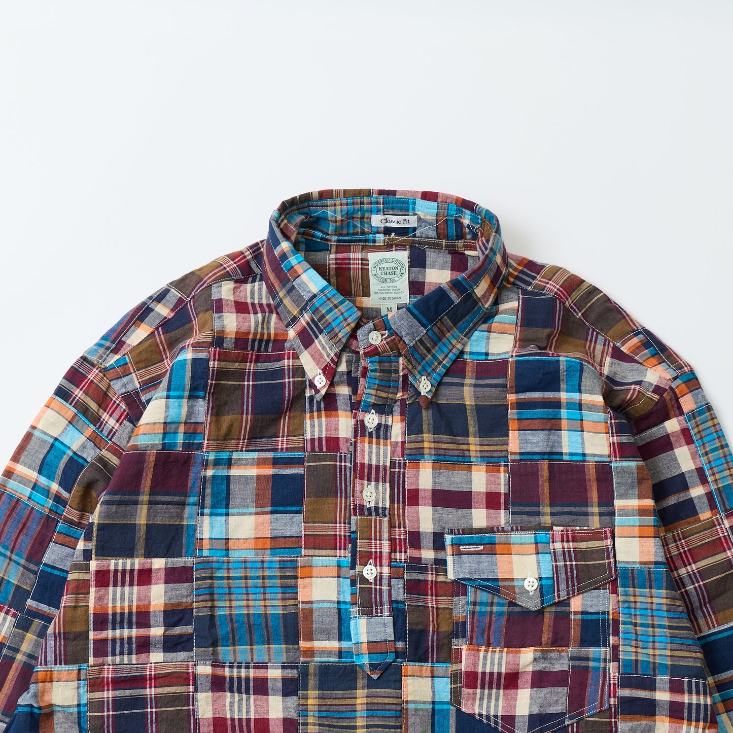 KEATON CHASE USA L/S CLASSIC FIT PULLOVER BD SHIRT COTTON PATCHWORK MADRAS CHECK - 1. BROWN_NAVY