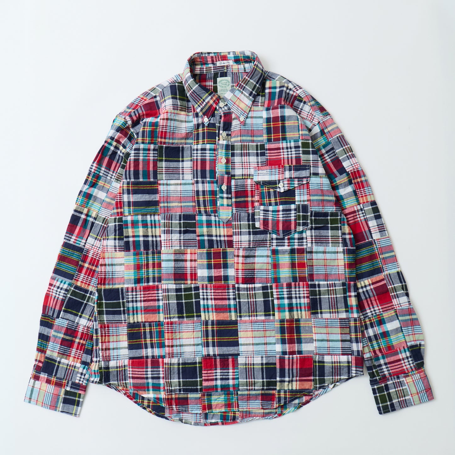 KEATON CHASE USA L/S CLASSIC FIT PULLOVER BD SHIRT COTTON PATCHWORK MADRAS CHECK - 3. RED_NAVY