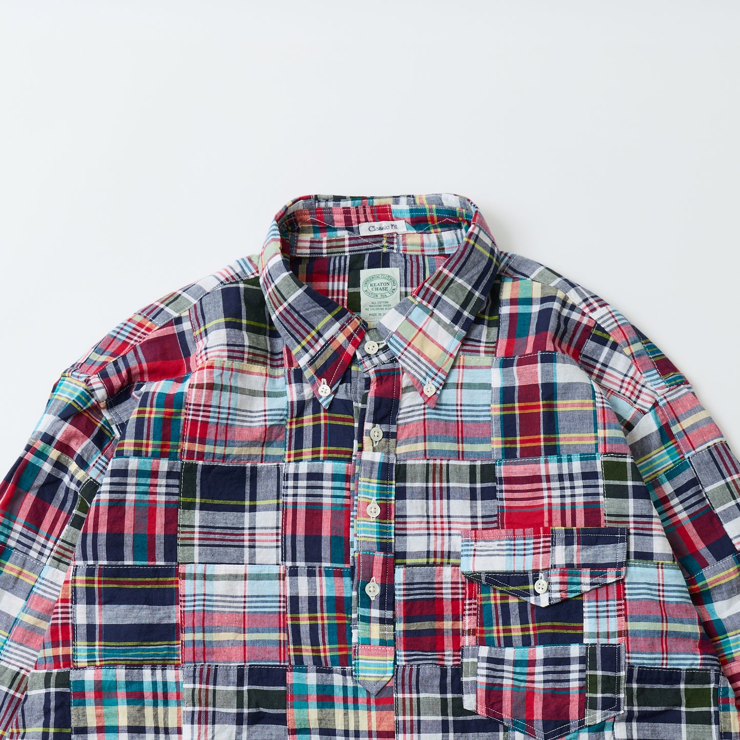 KEATON CHASE USA L/S CLASSIC FIT PULLOVER BD SHIRT COTTON PATCHWORK MADRAS CHECK - 3. RED_NAVY