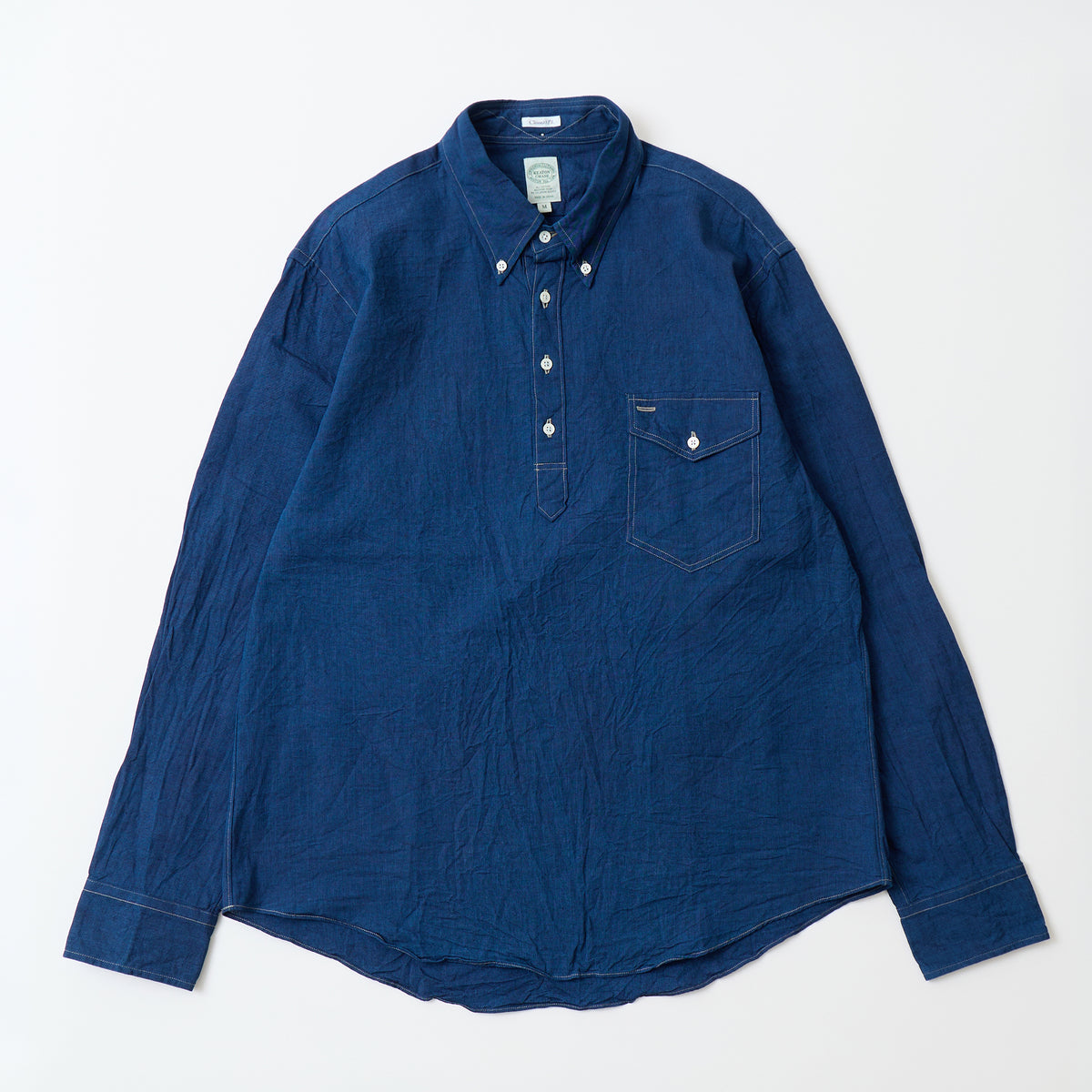 KEATON CHASE USA L/S CLASSIC FIT PULLOVER BD SHIRT 5oz INDIGO CHAMBRAY - INDIGO W/BEIGE STITCH