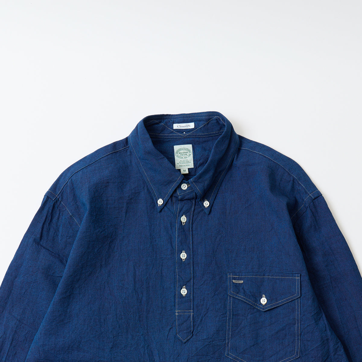 KEATON CHASE USA L/S CLASSIC FIT PULLOVER BD SHIRT 5oz INDIGO CHAMBRAY - INDIGO W/BEIGE STITCH
