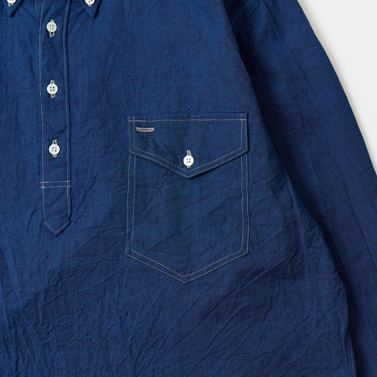 KEATON CHASE USA L/S CLASSIC FIT PULLOVER BD SHIRT 5oz INDIGO CHAMBRAY - INDIGO W/BEIGE STITCH