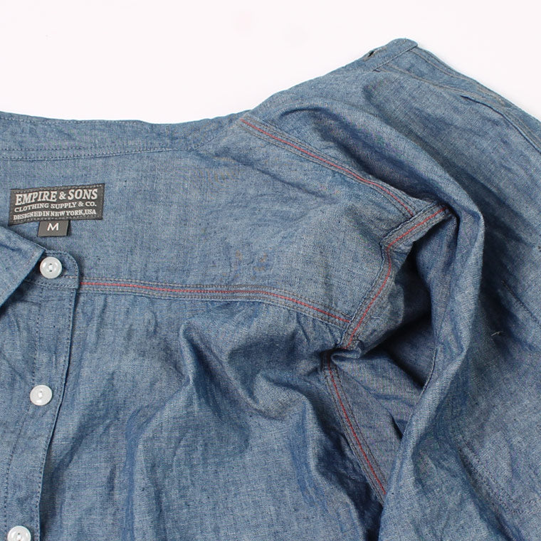 EMPIRE & SONS (エンパイア アンド サンズ)  L/S WORK SHIRT 5oz ORGANIC SELVAGE CHAMBRAY ONE WASH - BLUE