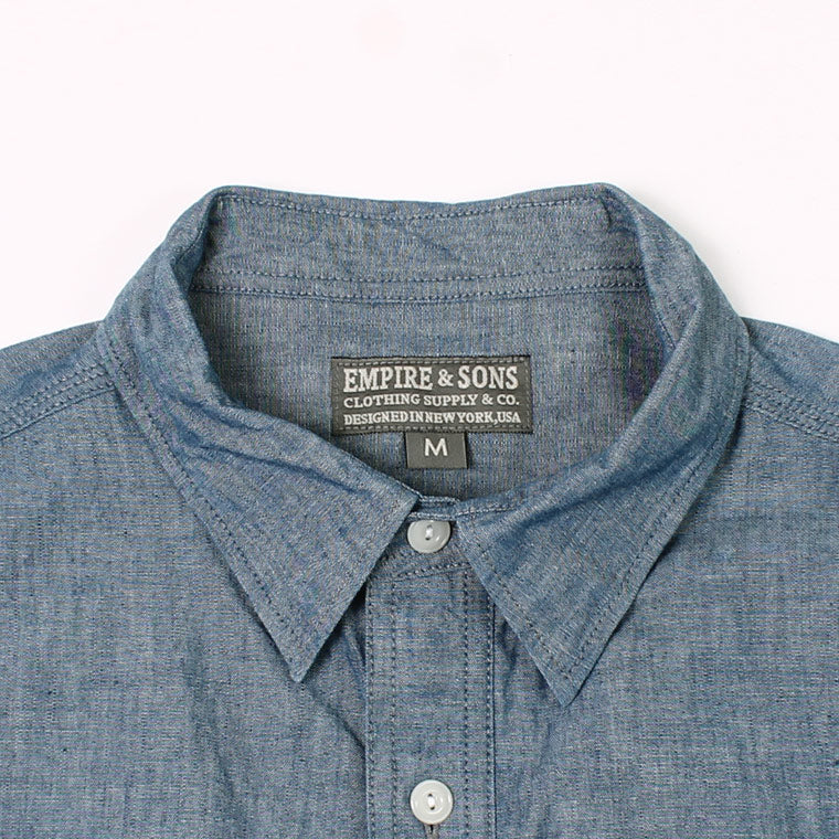 EMPIRE & SONS (エンパイア アンド サンズ)  L/S WORK SHIRT 5oz ORGANIC SELVAGE CHAMBRAY ONE WASH - BLUE