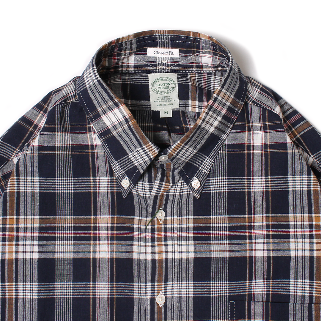 KEATON CHASE USA L/S CLASSIC FIT FULLOPEN BD SHIRT COTTON MADRAS CHECK - 13. NAVY_WHITE_RED_ORANGE