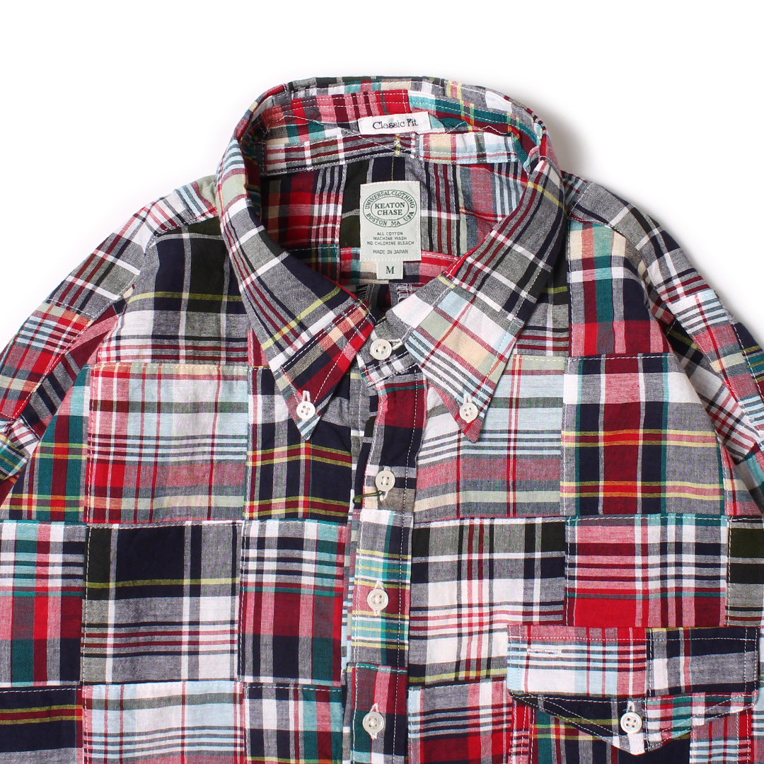 KEATON CHASE USA L/S CLASSIC FIT PULLOVER BD SHIRT COTTON PATCHWORK MADRAS CHECK - 3. RED_NAVY