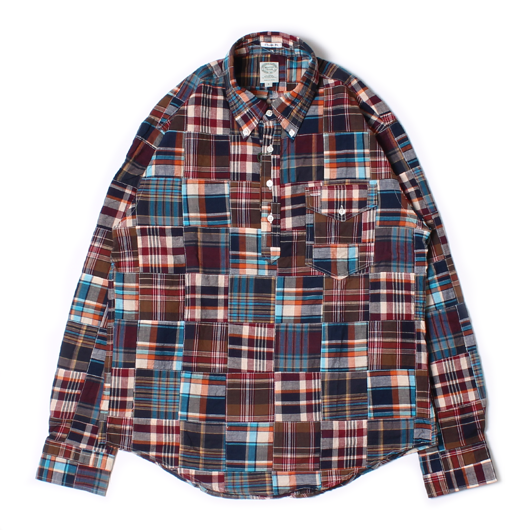 KEATON CHASE USA L/S CLASSIC FIT PULLOVER BD SHIRT COTTON PATCHWORK MADRAS CHECK - 1. BROWN_NAVY