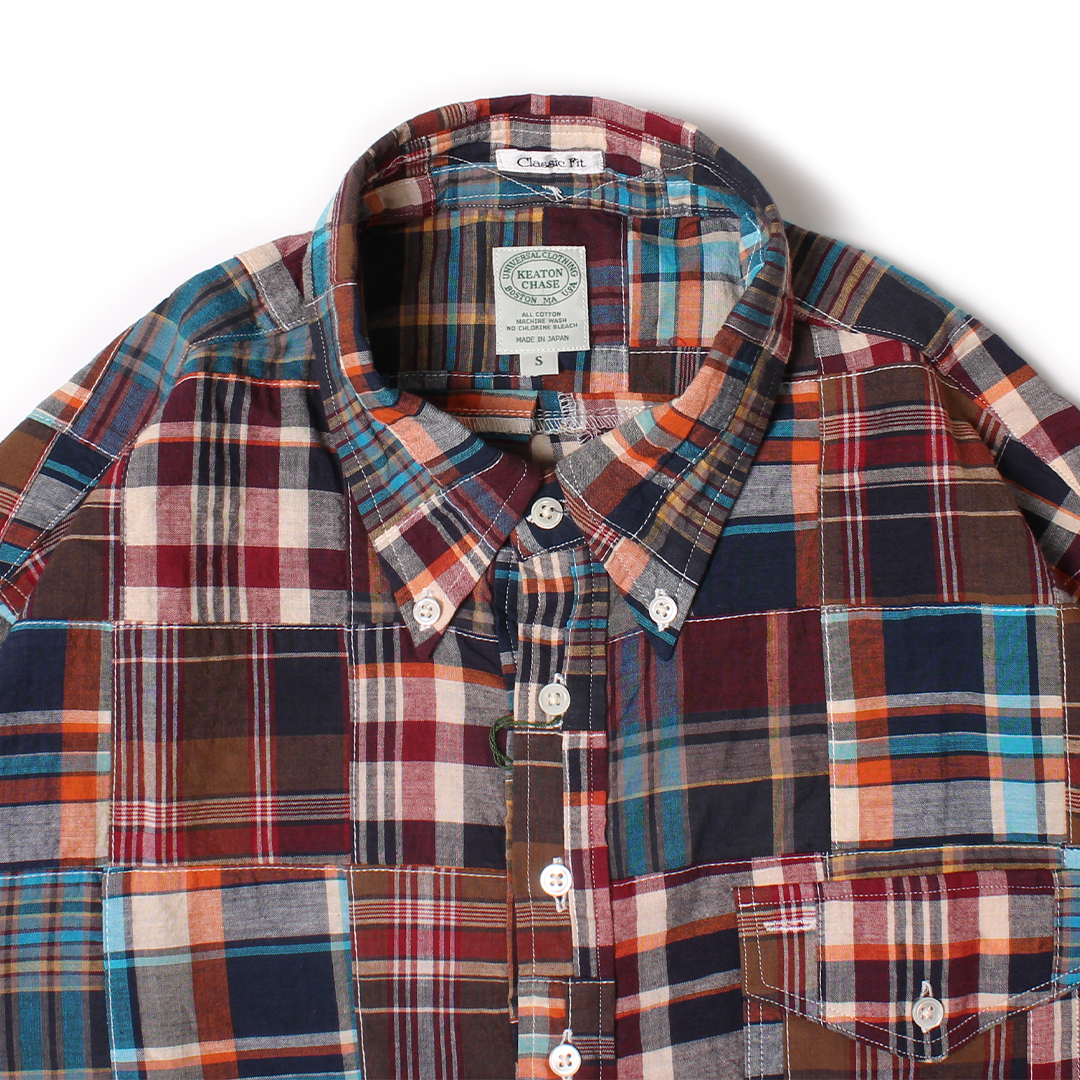 KEATON CHASE USA L/S CLASSIC FIT PULLOVER BD SHIRT COTTON PATCHWORK MADRAS CHECK - 1. BROWN_NAVY